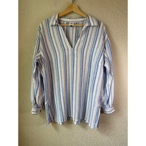 Cabi Blue White Stripe Linen Blend‎ V Neck Long Sleeve Tunic Shirt M